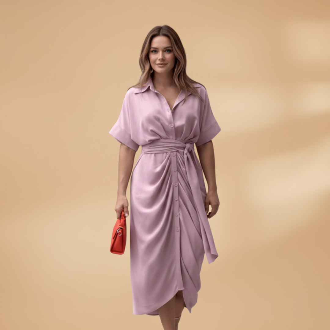 Women's Midi Dress with Short Sleeves and Tie Waist