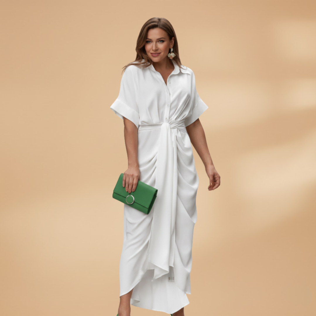 Women's Midi Dress with Short Sleeves and Tie Waist