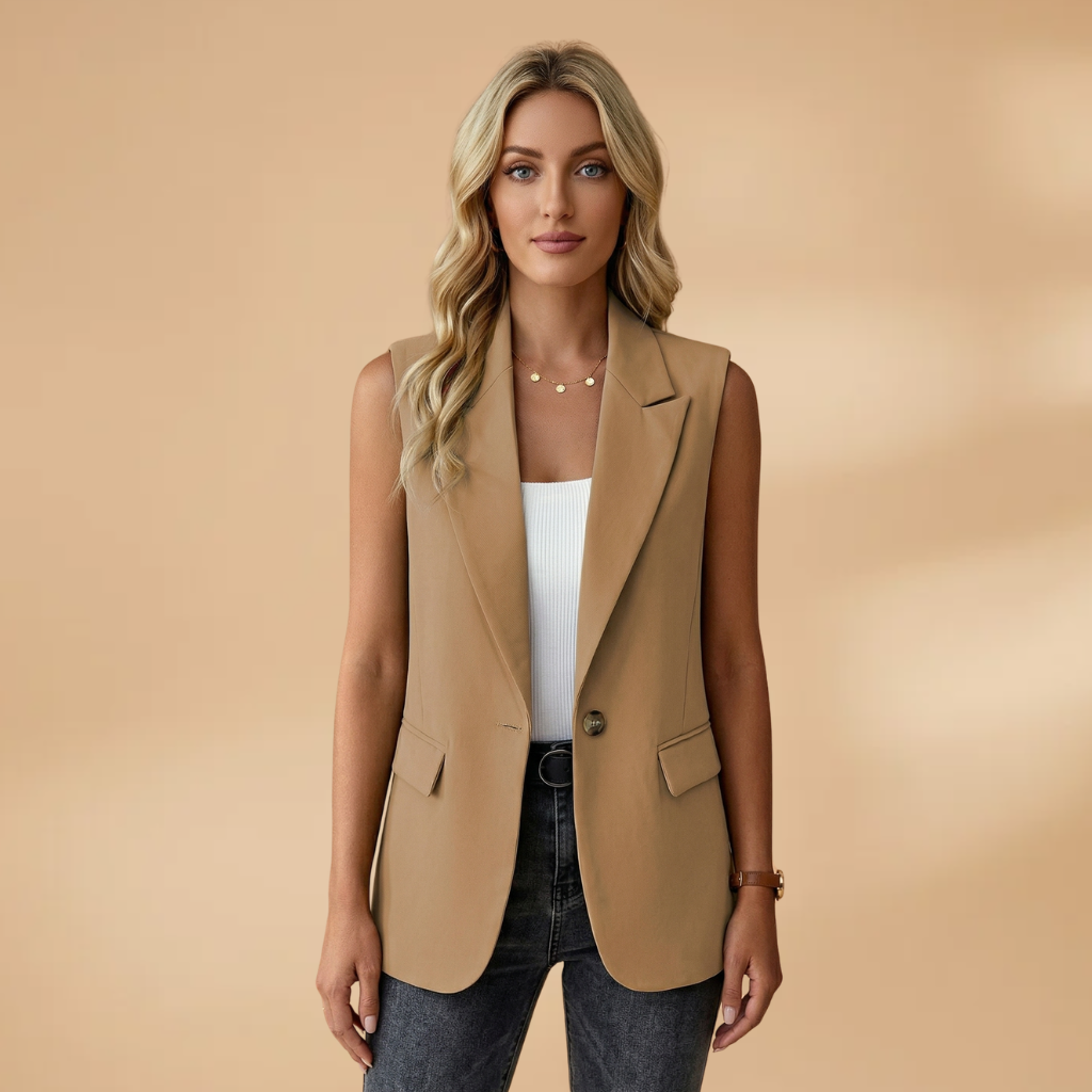 Women's Sleeveless Blazer with Side Pockets and Lapel Collar