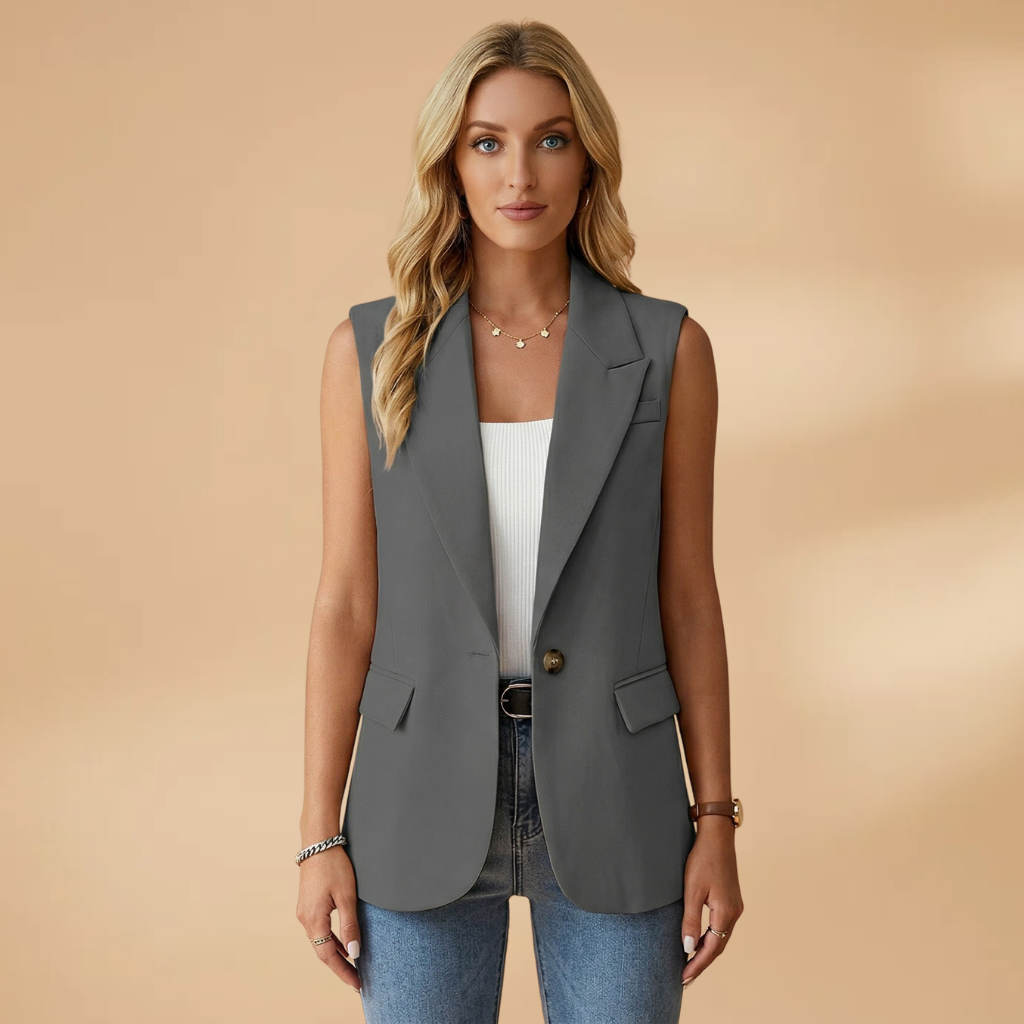 Women's Sleeveless Blazer with Side Pockets and Lapel Collar