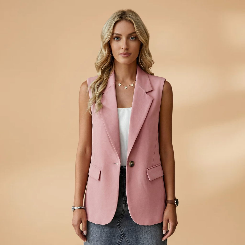 Women's Sleeveless Blazer with Side Pockets and Lapel Collar