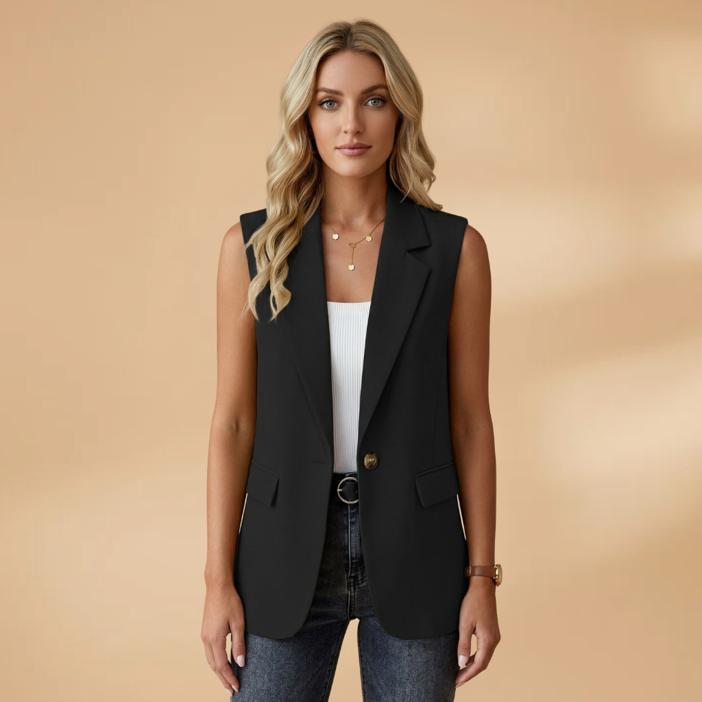 Women's Sleeveless Blazer with Side Pockets and Lapel Collar