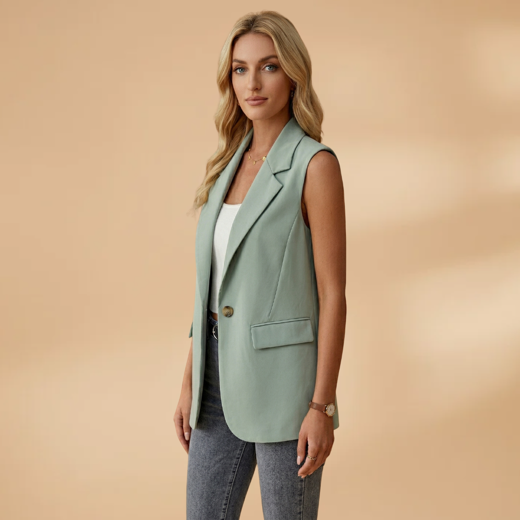 Women's Sleeveless Blazer with Side Pockets and Lapel Collar