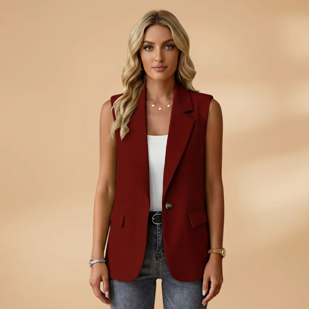 Women's Sleeveless Blazer with Side Pockets and Lapel Collar