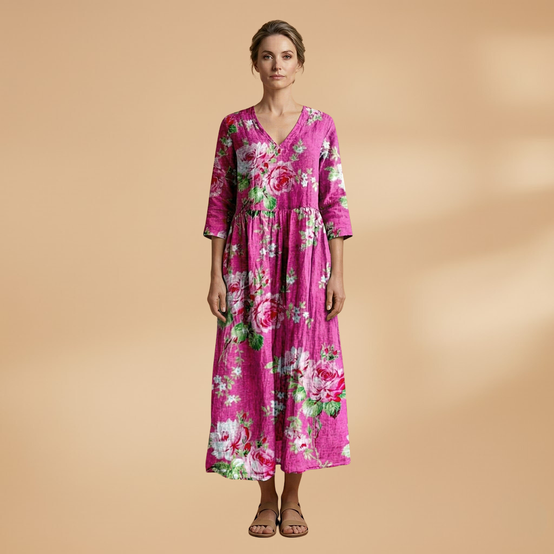 Women's Summer Dress with V-Neck and Floral Pattern