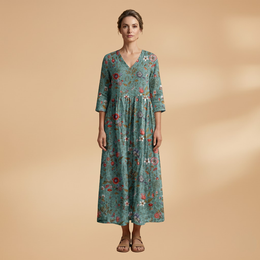 Women's Summer Dress with V-Neck and Floral Pattern