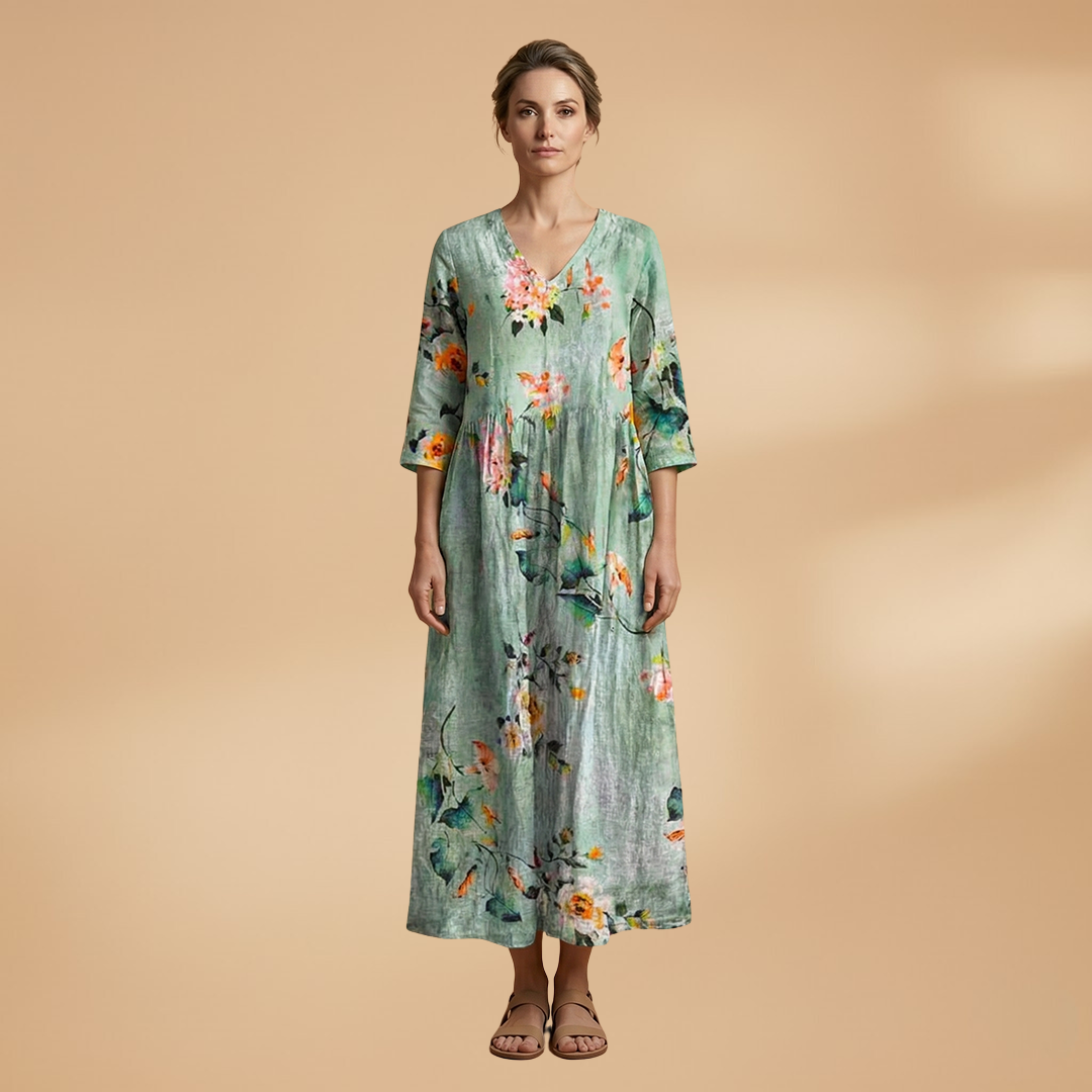 Women's Summer Dress with V-Neck and Floral Pattern