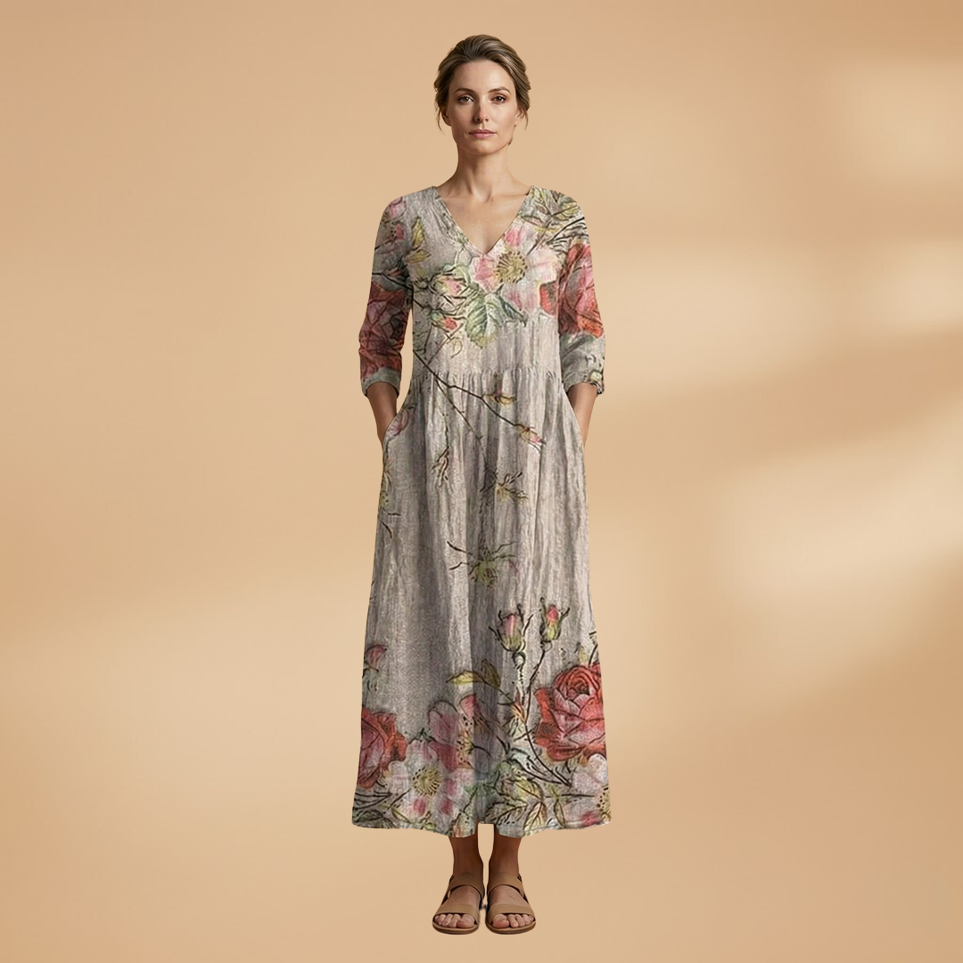 Women's Summer Dress with V-Neck and Floral Pattern