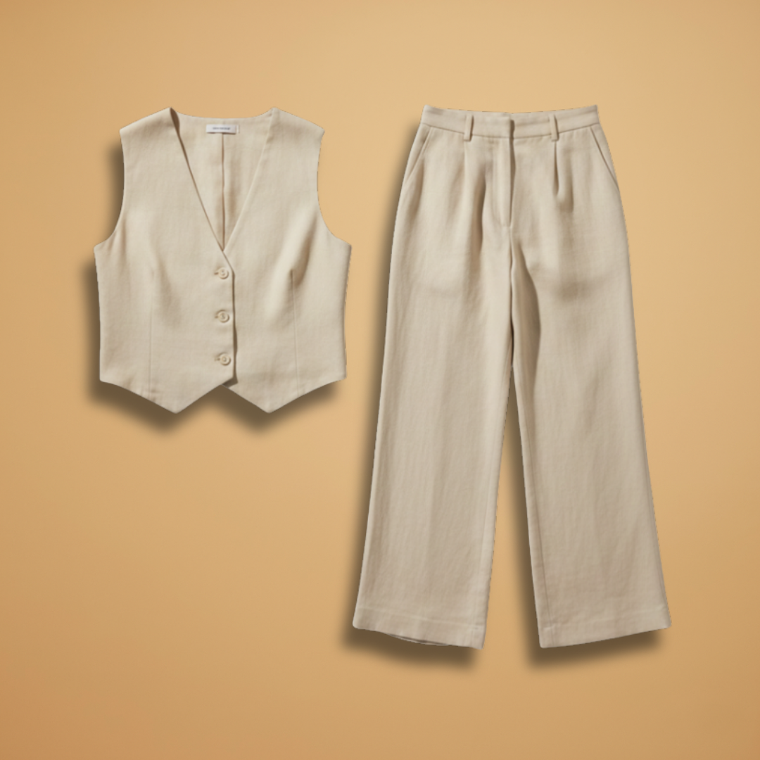 Women’s Two-Piece Set with V-Neck Top and Relaxed Trousers
