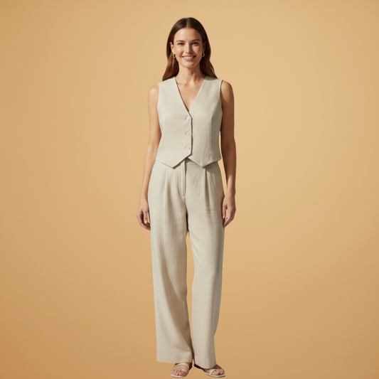 Women’s Two-Piece Set with V-Neck Top and Relaxed Trousers