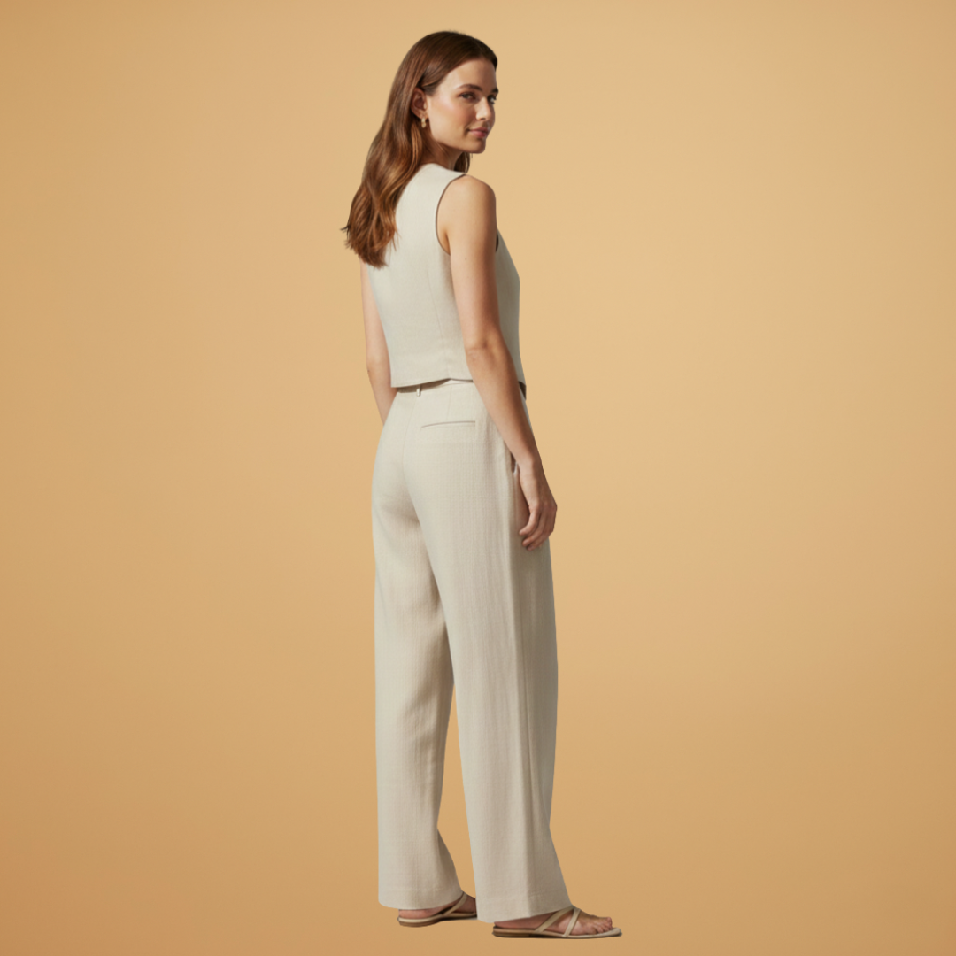 Women’s Two-Piece Set with V-Neck Top and Relaxed Trousers