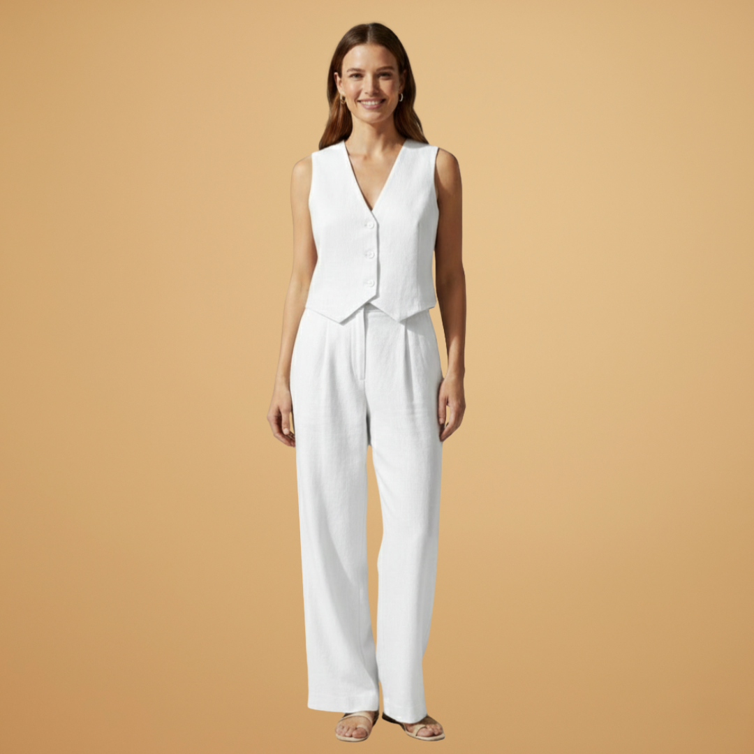 Women’s Two-Piece Set with V-Neck Top and Relaxed Trousers