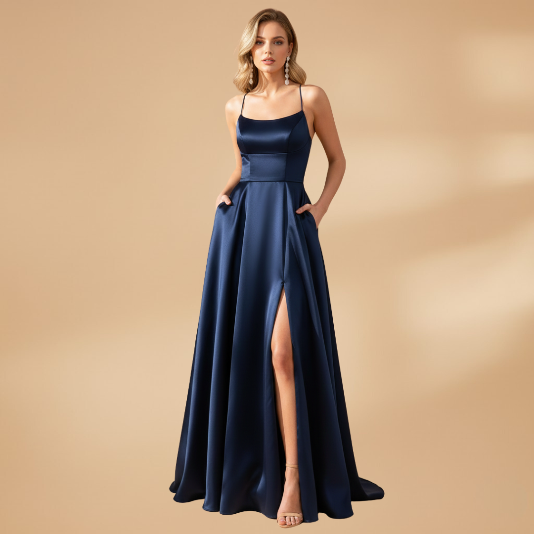 Women’s U-Neck Floor-Length Dress with High Slit