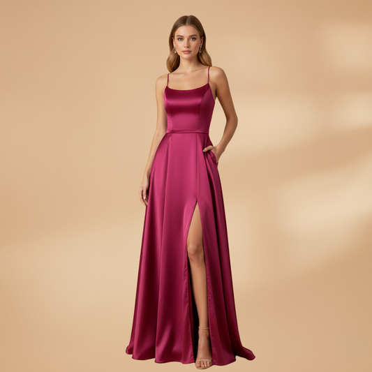Women’s U-Neck Floor-Length Dress with High Slit