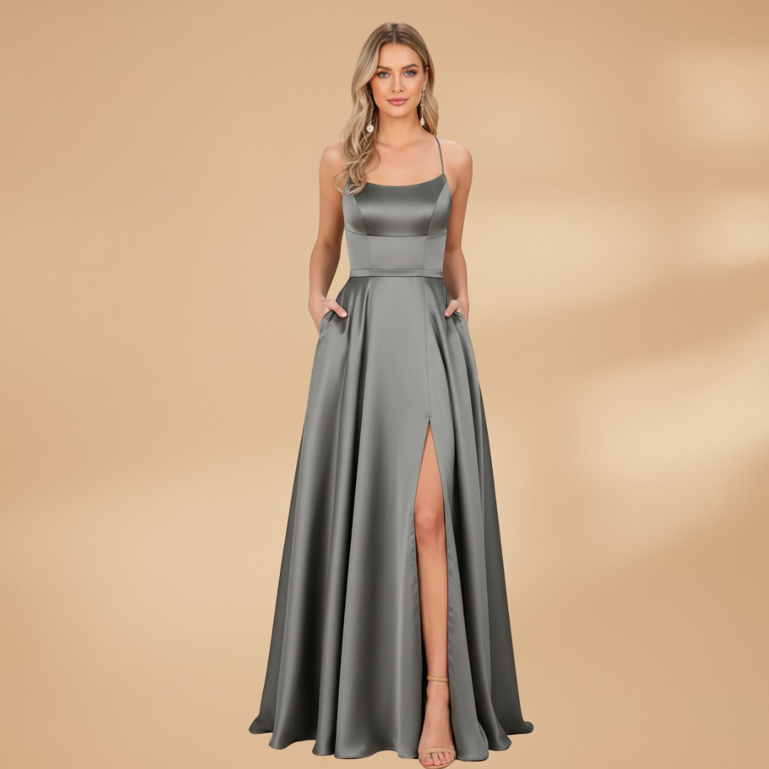 Women’s U-Neck Floor-Length Dress with High Slit