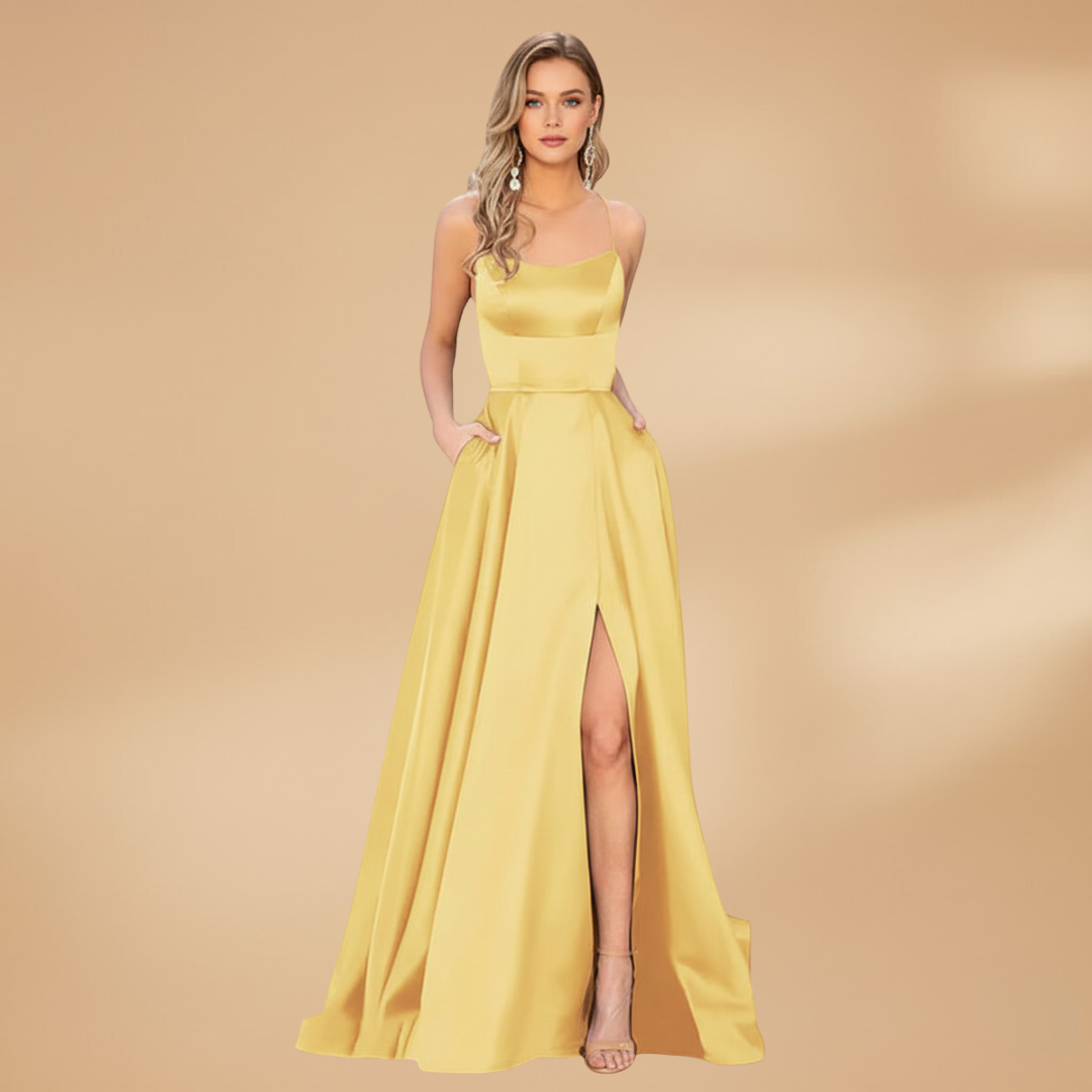 Women’s U-Neck Floor-Length Dress with High Slit
