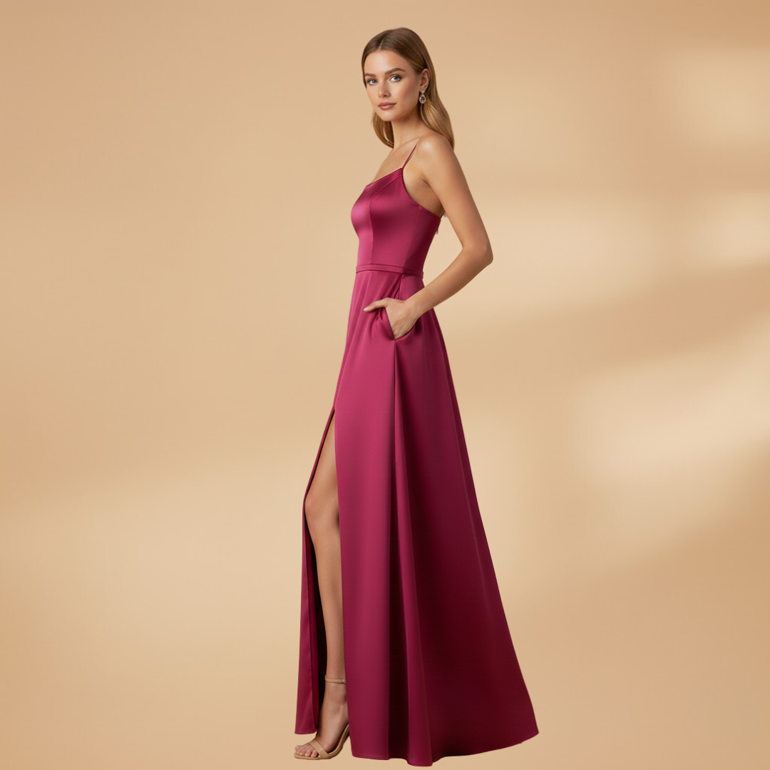 Women’s U-Neck Floor-Length Dress with High Slit
