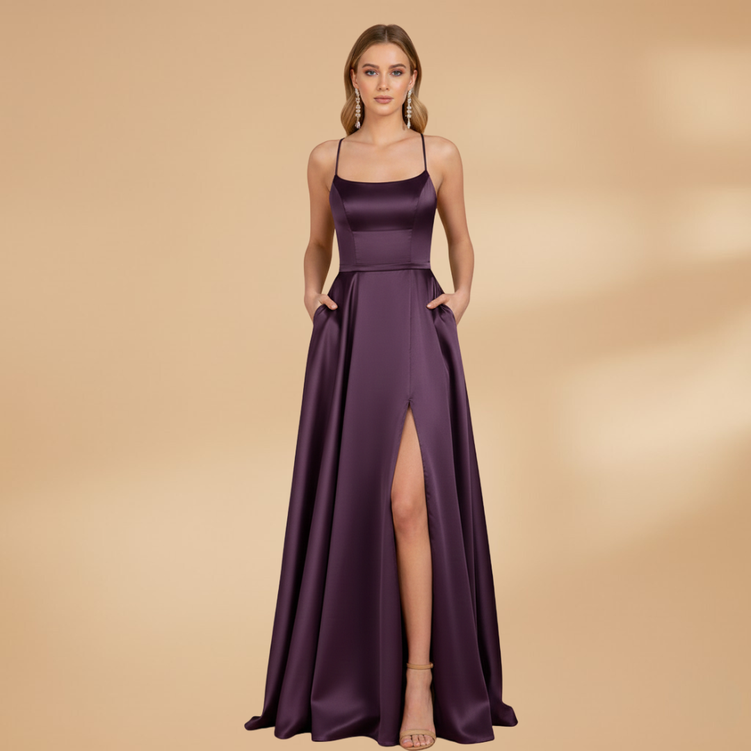 Women’s U-Neck Floor-Length Dress with High Slit