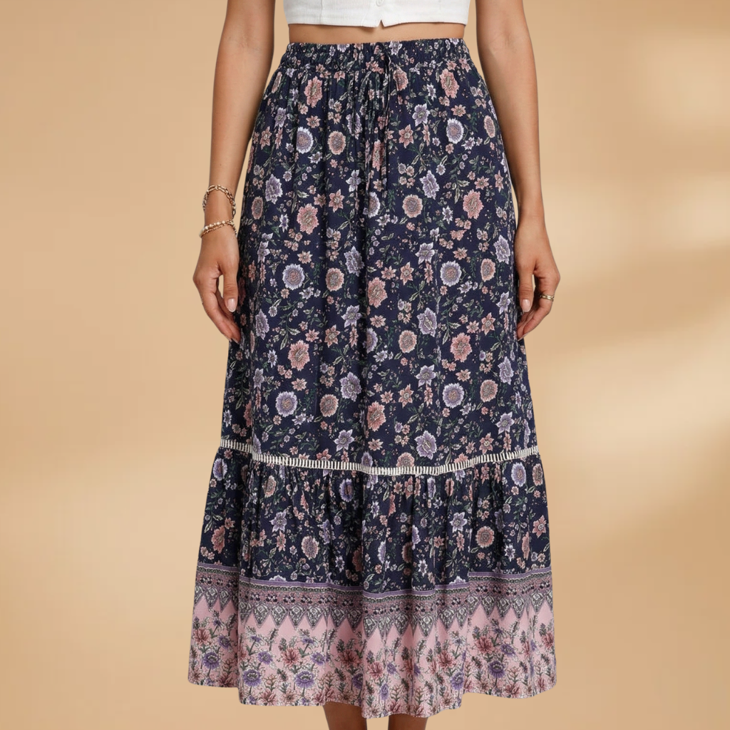 Women's Summer Skirt with Floral Pattern and Elasticated Waistband