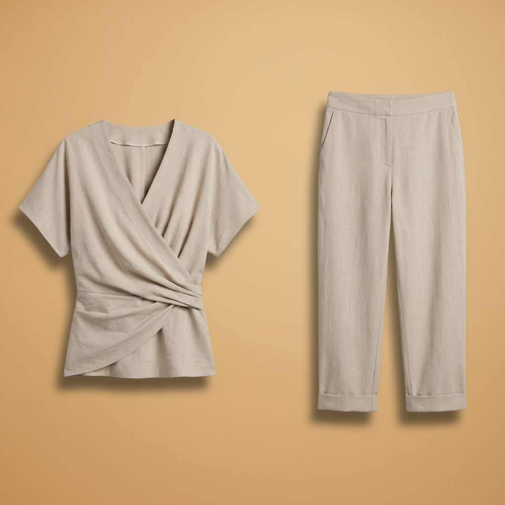 Women's Two-Piece Set with Wrap Top and Cropped Trousers