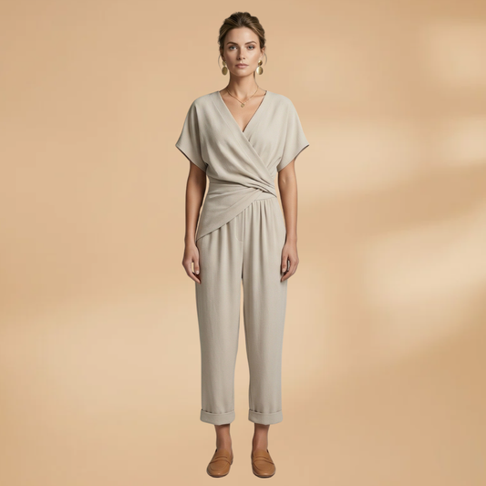 Women's Two-Piece Set with Wrap Top and Cropped Trousers