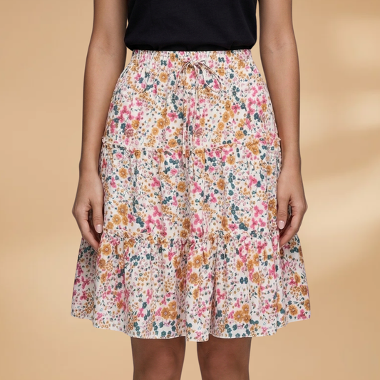 Women's Voluminous Skirt with Floral Design and Frilled Hem