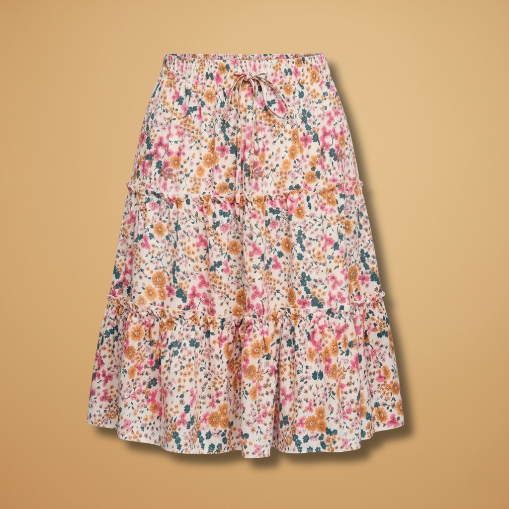 Women's Voluminous Skirt with Floral Design and Frilled Hem