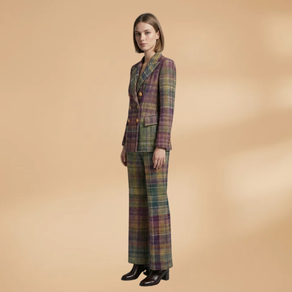 Women's suit set with structured shoulders and multicolour weave