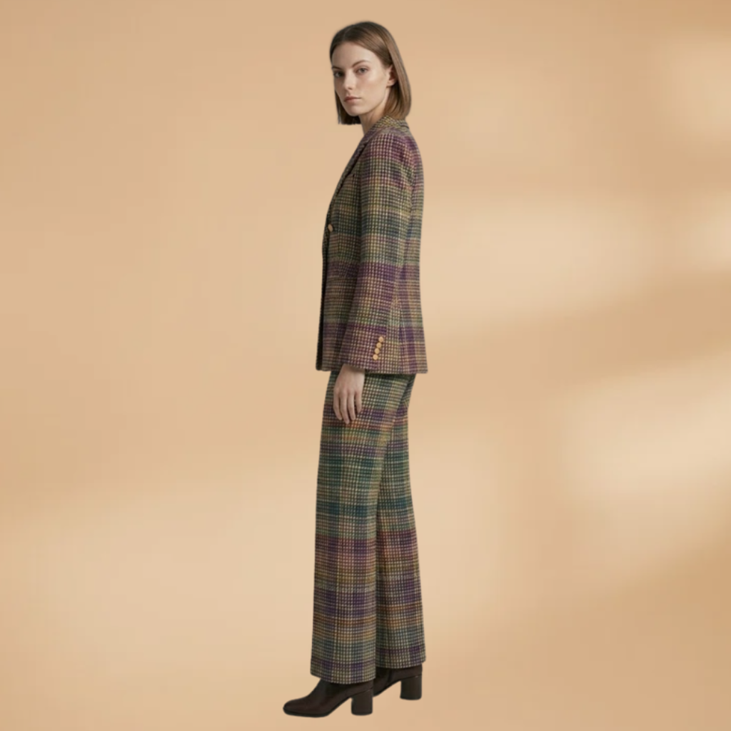 Women's suit set with structured shoulders and multicolour weave