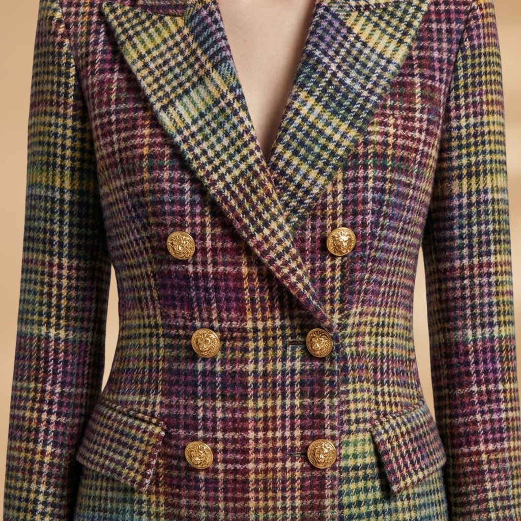 Women's suit set with structured shoulders and multicolour weave