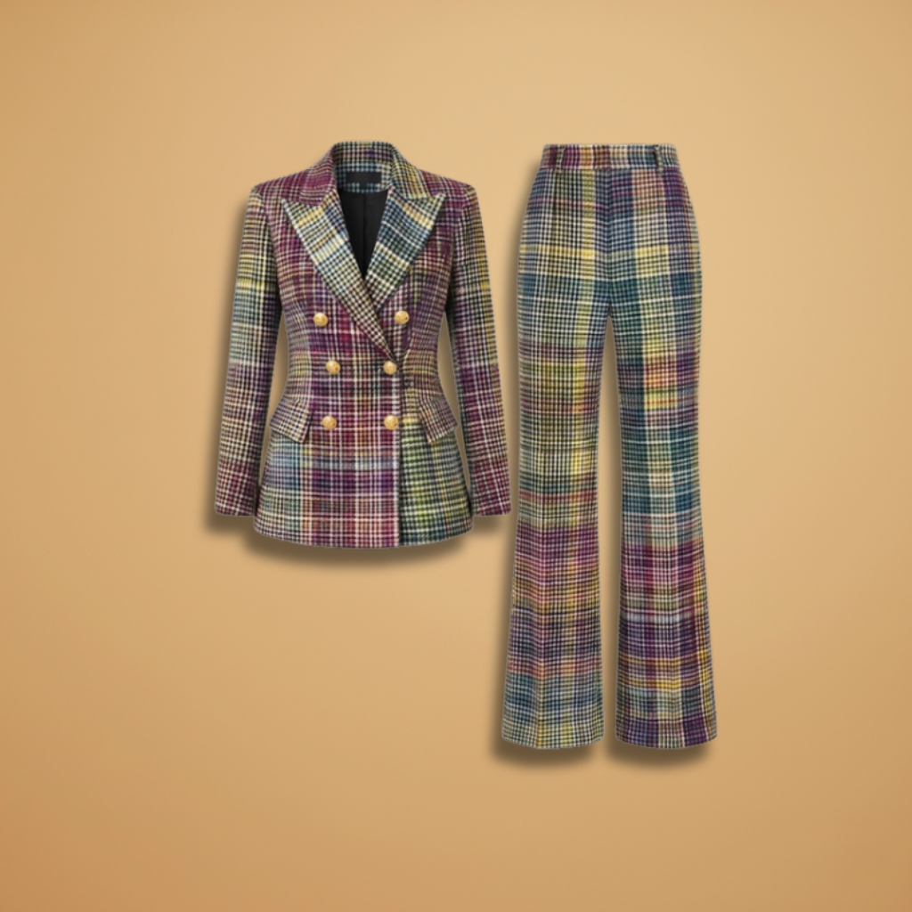 Women's suit set with structured shoulders and multicolour weave