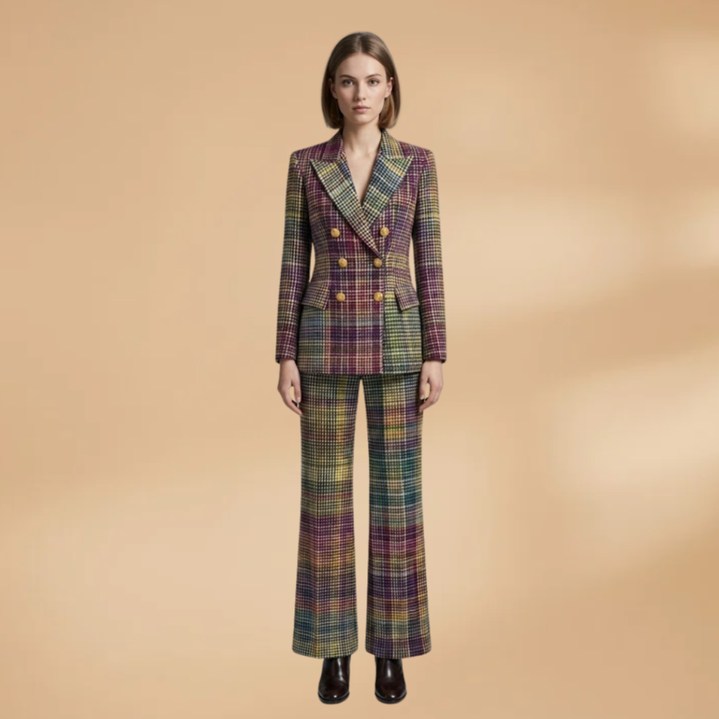 Women's suit set with structured shoulders and multicolour weave
