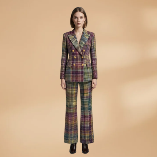 Women's suit set with structured shoulders and multicolour weave