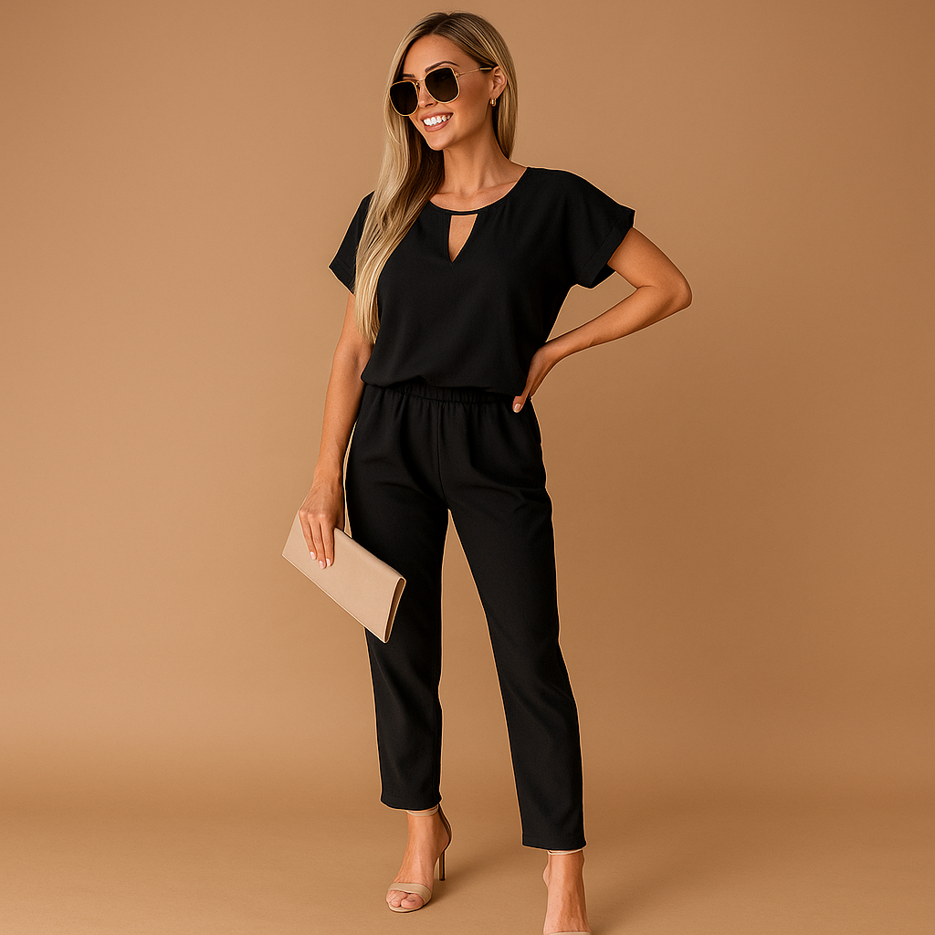 Women’s Jumpsuit – Elegant Tailored Short-Sleeve Jumpsuit